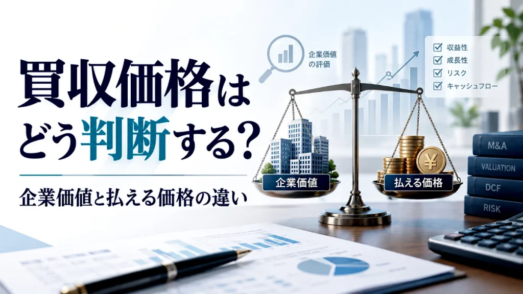 M&Aの買収価格を判断する考え方を表すアイキャッチ画像。天秤で「企業価値」と「払える価格」を比較し、企業評価・成長性・リスク・キャッシュフローを確認するイメージ。