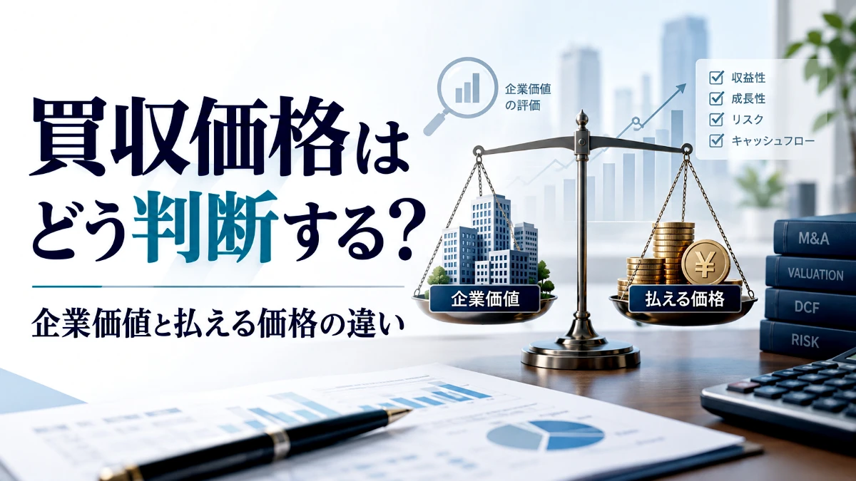 M&Aの買収価格を判断する考え方を表すアイキャッチ画像。天秤で「企業価値」と「払える価格」を比較し、企業評価・成長性・リスク・キャッシュフローを確認するイメージ。