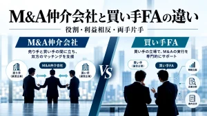 M&A仲介会社と買い手FAの違いを、売り手・買い手との関係や役割、利益相反、両手・片手で比較した図解