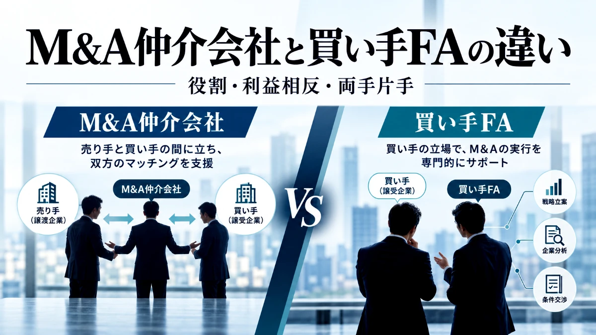 M&A仲介会社と買い手FAの違いを、売り手・買い手との関係や役割、利益相反、両手・片手で比較した図解