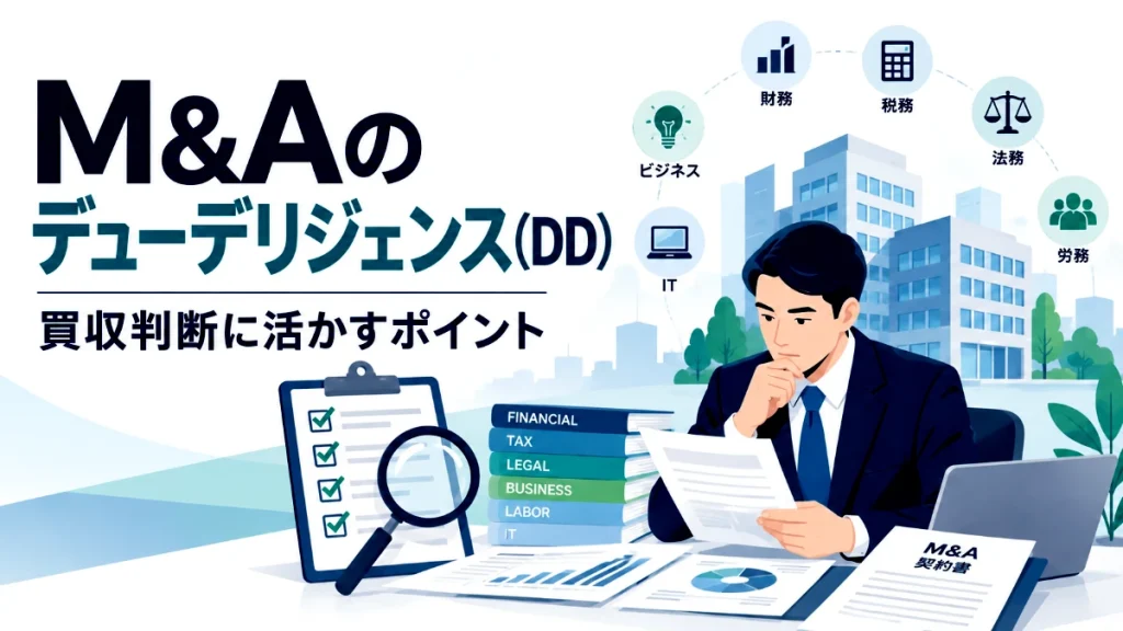 M&Aのデューデリジェンス（DD）で財務・税務・法務などの調査資料を確認し、買収判断を検討する経営者のイラスト