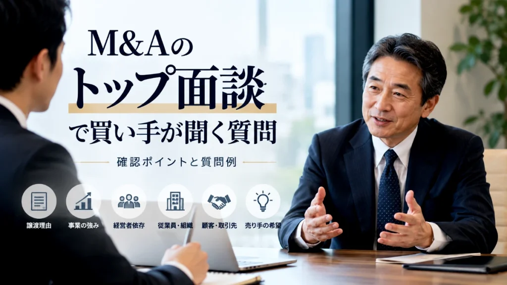 M&Aのトップ面談で買い手が確認する質問例や、譲渡理由・事業の強み・経営者依存・従業員・顧客・売り手の希望を示したイメージ